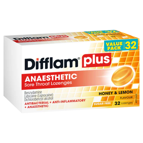Difflam Plus Anaesthetic Sore Throat Lozenges – Honey & Lemon - 32s