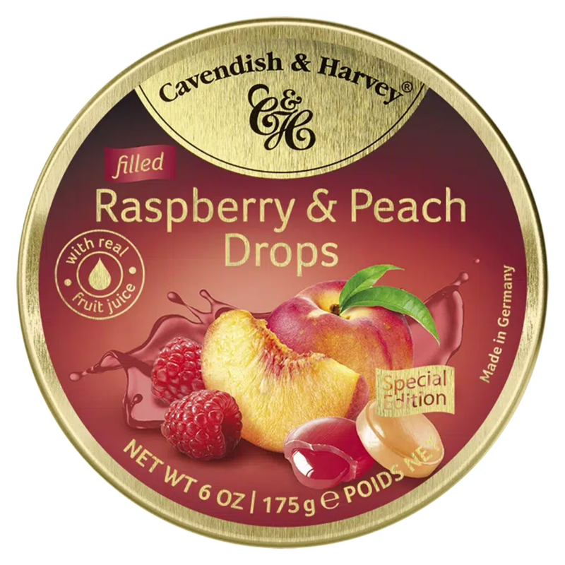 Cavendish & Harvey Tin Raspberry & Peach Drops 175g