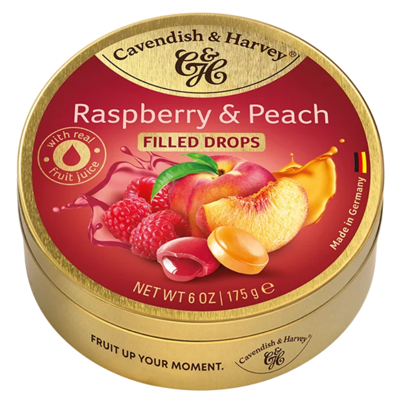 Cavendish & Harvey Tin Raspberry & Peach Drops 175g